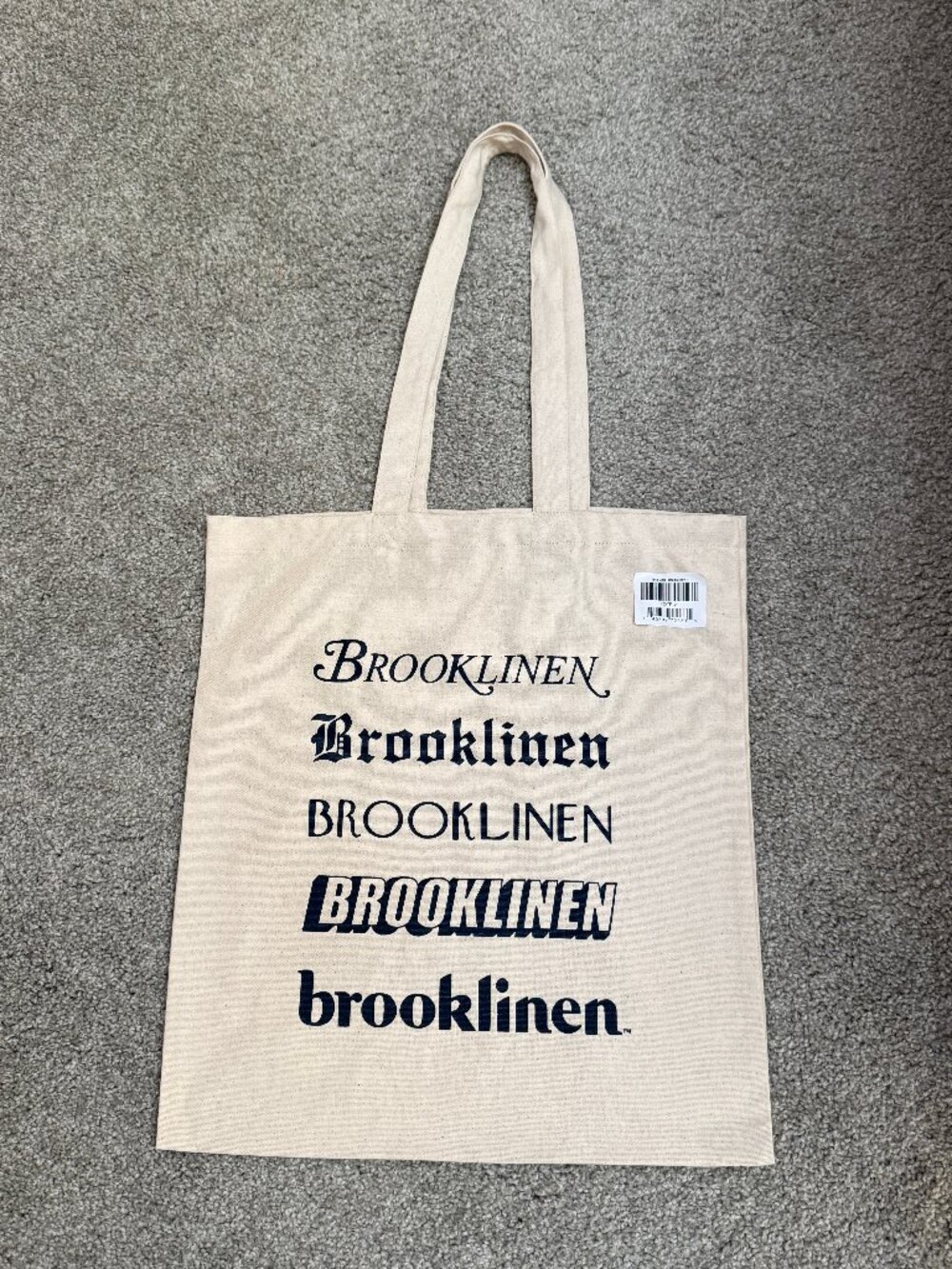 BROOKLINEN Canvas Tote Cream w/ navy blue printed logo lettering NWT